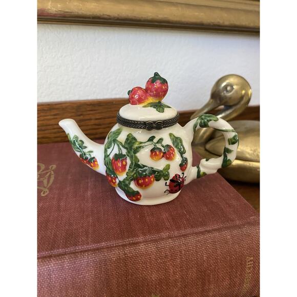 Unbranded Other - Vintage Porcelain Trinket Box Teapot Hand Painted Strawberry Tea Pot Box